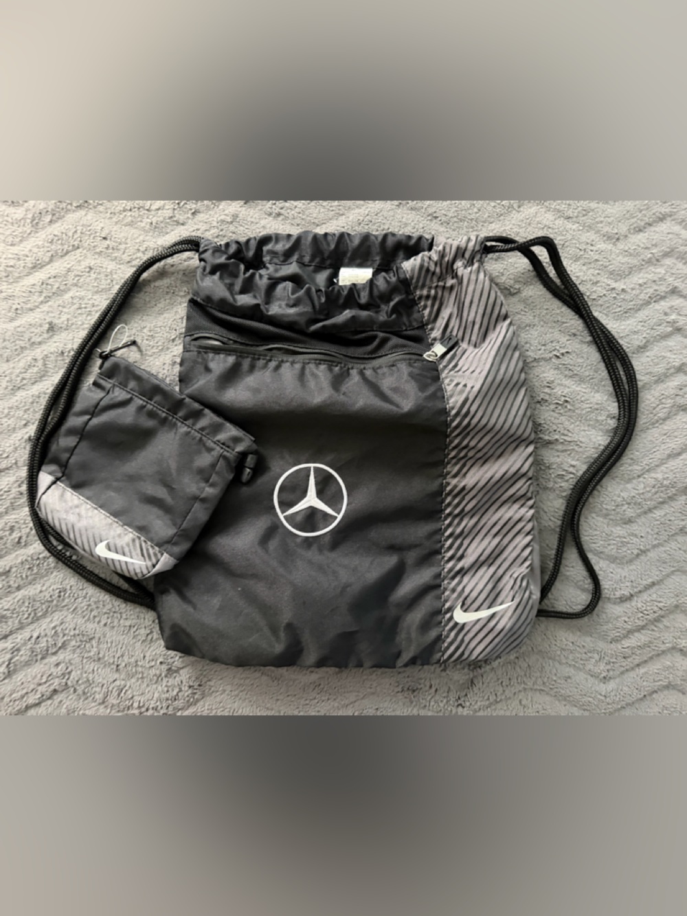 Nike Black and Gray Drawstring Backpack with Mercedes Logo